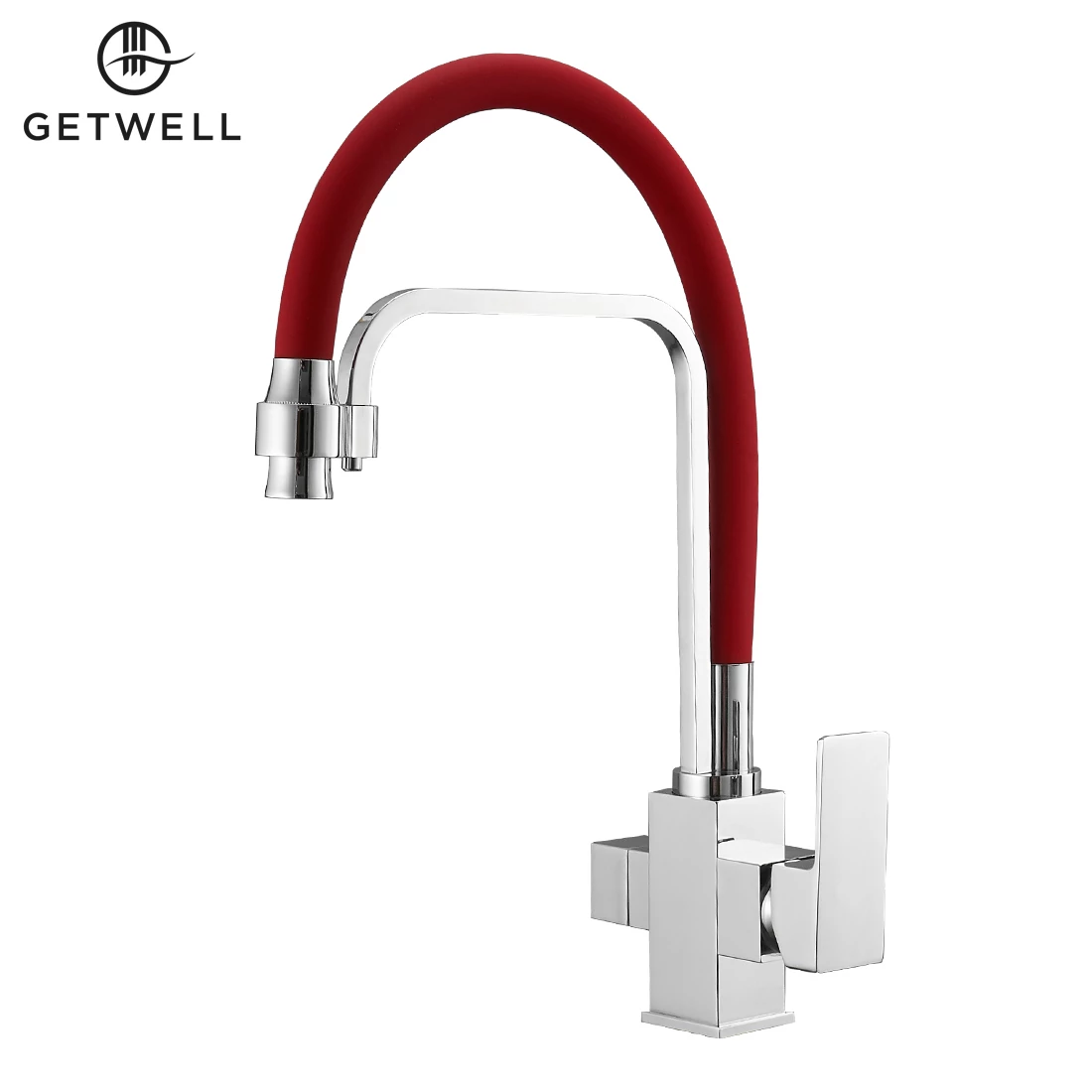 Pelikan-R, 3 utas, kihúzható zuhanyfejes Konyhai Csap Víztisztítókhoz Piros színben